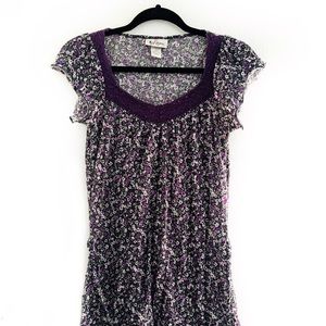 Plum blouse with crochet neckline and flower print